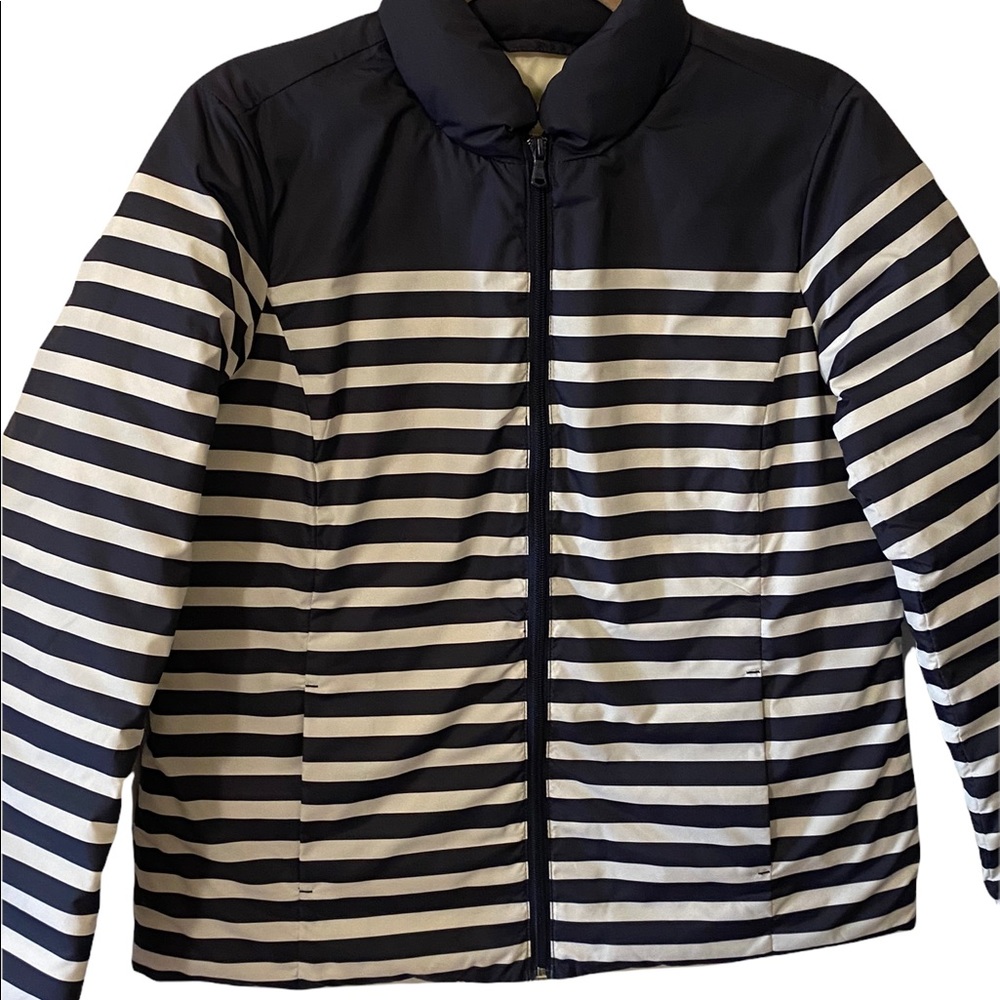 TALBOTS WOMEN'S Down Coat  blue Navy white stripe puffer jacket SIZE Small NWOT